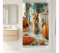 Cute Cat Shower Curtain, Autumn Orange Pumpkin Leaves Bathroom Decor, Fall Seasonal Fun Modern Waterproof Fabric Shower Curtain with Hooks 36x72 Inch