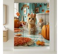Cute Cat Shower Curtain, Autumn Orange Pumpkin Leaves Bathroom Decor, Fall Seasonal Fun Modern Waterproof Fabric Shower Curtain with Hooks 54x78 Inch