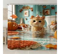 Cute Cat Shower Curtain, Autumn Orange Pumpkin Leaves Bathroom Decor, Fall Seasonal Fun Modern Waterproof Fabric Shower Curtain with Hooks 108x72 Inch