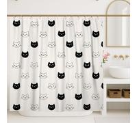 Cute Cat Shower Curtain, Black White Cartoon Kitty Bathroom Decor, Spring Summer Modern Playful Fabric Shower Curtain with Hooks 72x84 Inch
