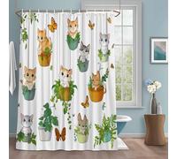 Cute Cat Shower Curtain with 12 Hooks Green Potted Plant Butterfly Botanical Rustic Waterproof Fabric Shower Curtains Sets for Bathroom Bath Decorations, Machine Washable, 72"x72"
