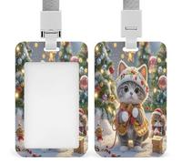Cute Cat Sing Christmas Carols Badge Holder with Breakaway Lanyard Plastic Vertical Name Badge ID Card Holders Waterproof ID Card Name Tag Badge Holder for Office Doctor Teacer Travel