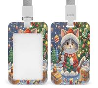Cute Cat Sing Christmas Carols Badge Holder with Breakaway Lanyard Plastic Vertical Name Badge ID Card Holders Waterproof ID Card Name Tag Badge Holder for Office Doctor Teacer Travel