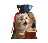 Cute Cat Sing Christmas Carols Burlap Drawstring Gift Bag With Tag, Reusable Linen Pouch For Christmas, Birthday, Party, Small Gift Packaging S