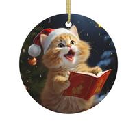Cute Cat Sing Christmas Carols Christmas Ceramic Round Ornament - Double Sided Print Xmas Tree Hanging Decoration With Gold String