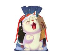 Cute Cat Sing Christmas Carols Christmas Gift Bags with Tags & Ribbon Ties, Personalized Santa Sack Xmas Treat Pouch Party Favor Bags Drawstring Xmas Sacks for Holiday Presents Storage Medium