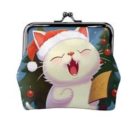 Cute Cat Sing Christmas Carols Coin Purse for Women, Chic PU Leather Mini Change Pouch with Kiss Lock Clasp, Fashion Change Purse Wallets for Coins, Keys, Lipstick, and Earphones
