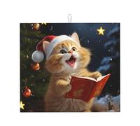 Cute Cat Sing Christmas Carols Dish Drying Mat For Kitchen Counter Absorbent Microfiber Large Drying Pad Reversible Washable Dish Mats For Home Kitchen Decor,Dining Room,Office 16"X18"