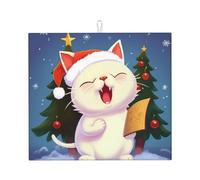 Cute Cat Sing Christmas Carols Dish Drying Mat for Kitchen Counter Super Absorbent Microfiber Dish Drying Pad Large Dishes Pad Easy Clean Multi-Use Drainer Mats Mat 16x18 Inch