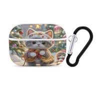 Cute Cat Sing Christmas Carols Earbuds Organizer Shockproof Protective Airpods Pro Cover with Carabiner Clip Anti Fall Carrying Earphone Case Cover for Airpods Pro 2nd Generation White