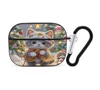 Cute Cat Sing Christmas Carols Earbuds Organizer Shockproof Protective Airpods Pro Cover with Carabiner Clip Anti Fall Carrying Earphone Case Cover for Airpods Pro 2nd Generation Black
