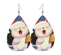 Cute Cat Sing Christmas Carols Earrings Daily Styles Collection | Lightweight Leather Earring Hypoallergenic Design for Women Jewelry Teardrop Dangle Earring Fashion Pendant Gift