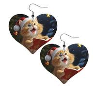 Cute Cat Sing Christmas Carols Leather Earrings for Women Heart Dangle Earrings Lightweight Drop Earring Jewelry Gift