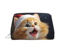 Cute Cat Sing Christmas Carols Makeup Bag for Women Cosmetic Bags Leather Travel Makeup Case Organizer Waterproof Make up Pouch Open Flat Toiletry Bag Portable Storage Pouch for Travelling, Silver