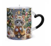 Cute Cat Sing Christmas Carols Mug Heat Sensitive Color Changing Mug Personalized Magic Morphing Mugs Heart-Shaped Handle Ceramic Cup Funny Novelty Coffee Mugs Tea Cup for Men Women