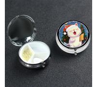 Cute Cat Sing Christmas Carols Pill Box with Mirror 3 Compartment Decorative Pill Case for Purse or Pocket Small Round Pill Organizer Weekly Metal Medicine Tablet Vitamin Holder Travel Gift