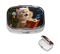 Cute Cat Sing Christmas Carols Pill Case 2 Compartments, Metal Square Portable Pill Box with Mirror, Waterproof Travel Pill Organizer for Purse & Pocket, Small Medicine Vitamin Holder Unique Gift