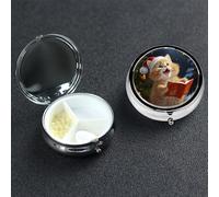 Cute Cat Sing Christmas Carols Pill Case 3 Compartments, Metal Round Portable Pill Box with Mirror, Waterproof Travel Pill Organizer for Purse & Pocket, Small Medicine Vitamin Holder Unique Gift