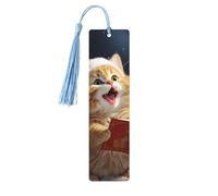 Cute Cat Sing Christmas Carols Wood Bookmark for Book Lovers Birthday Teachers Gift, Handmade Craft Book Marks Ornaments with Tassel Exquisite Reading Page Markers for Men Women