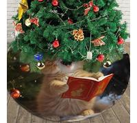 Cute Cat Sing Christmas Tree Skirt 30" Plush Soft Artificial Tree Mat Cover Merry Christmas Xmas Tree Skirt for Christmas Decoration Holiday Indoor Outdoor Winter Party Decor
