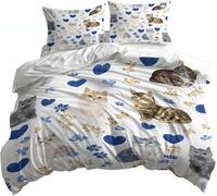 Cute Cat Single Duvet Cover Sets 3pcs Blue Cartoon Heart Bedding Set 3D Printed Brushed Ultra Soft Microfiber Quilt Cover 160x200 with Zipper Closure with 2 Pillowcases a.802