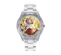 Cute Cat Sitting in Flower Pots Business Watch for Men Metal Band Watches Casual Gift Three-Hand Wrist Watch for Boyfriend Father