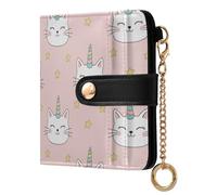 Cute Cat Star Pink Pattern Small Women Wallet Leather RFID Blocking Bifold Compact Card Holder with Coin Pocket Zipper Purse for Women Ladies Girls