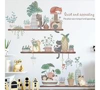 Cute Cat Stickers Plant Wall Decals, Watercolour Removable Cat Flowerpots Plant Leaves, Self-Adhesive Vinyl Art Decor Murals for Children Babies Living Room TV Background Bedroom