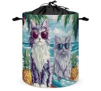 Cute Cat Surf Beach Laundry Basket with Drawstring Collapsible Clothes Hamper Bag for Bedroom Bathroom