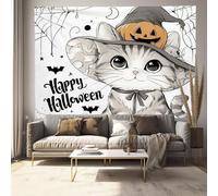 Cute Cat Tapestry, Bats, Spider Webs Wall Tapestry, Bedroom Dorm Room Decorative Tapestries, White 150 X 200 Cm,Suitable For Beach Towels, Yoga Mats, Holiday Party Decorations