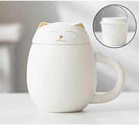 Cute Cat Tea Mug with Infuser and Lid, Ceramic Tea Cup with Filter for Steeping Loose Leaf Tea, Porcelain Teacups with Handle Suitable for Home & Office, Great for Tea and Cat Lovers 350ML (Box White)