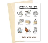 Cute Cat Theme Nine Lives Valentine Card, Funny Kitty Lover Card for Cat Dad Mom, Romantic Anniversary Card for Husband Wife, I'd Spend All My Lives With You Greeting Card