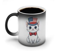 Cute Cat U.S. Flag Stylish Heat Sensitive Coffee Mug with Handle 12 Oz Ceramic Color Changing Cups