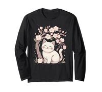 Cute Cat Under Cherry Blossoms Sakura Spring Long Sleeve T-Shirt