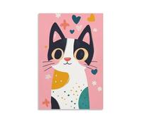 Cute Cat Wall Art for Kids Room Colorful Cartoon Animal Poster with Hearts And Flowers Fun Pink Nursery Decor for Girls Bedroom Or Playroom Whimsical Feline Canvas Print Gift 20x30inch Unframe