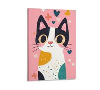 Cute Cat Wall Art for Kids Room Colorful Cartoon Animal Poster with Hearts And Flowers Fun Pink Nursery Decor for Girls Bedroom Or Playroom Whimsical Feline Canvas Print Gift 12x18inch Frame