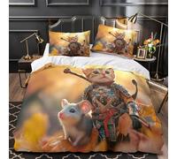 Cute cat warrior 3D Print Duvet Cover 3pcs Microfibre Breathable Kids Room Fantasy adventure scene Comforter Cover 2 Matching Pillowcases Zipper Closure Bedding Kids Girls Single (135x200cm)