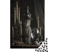 Cute Cat Wearing A Wizard's Hat Jigsaw Puzzles for Adults And Kids. 1000 Pieces Gothic Dark Environment Whimsical Challenge Toy Educational Game Home Decor 38x26cm/1000pcs
