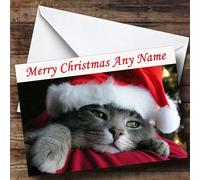 Cute Cat Wearing Xmas Hat Christmas Card - Personalised | Christmas Card | Animal Themed Christmas Card
