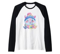 Cute Cat Winter Portrait Colorful Feline Graphic Smiling Raglan Baseball Tee
