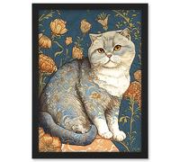 Cute Cat with Floral Pattern Fur and Autumn Flower Blooms Art Nouveau Modern Illustration Artwork Framed Wall Art Print A4 Artery8 Black One Size