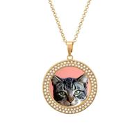 Cute Cat with Green Eyes Fashion Necklace Chain Round Graphic Pendant with Diamond Jewellery Golden-style