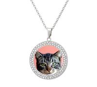 Cute Cat with Green Eyes Fashion Necklace Chain Round Graphic Pendant with Diamond Jewellery Silver-style