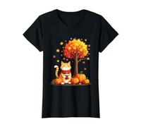 Cute Cat with Iced Coffee Among Autumn Leaves Fall Kitten Value Graphic T-Shirt, Women, Black, XL