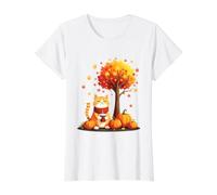 Cute Cat with Iced Coffee Among Autumn Leaves Fall Kitten Value Graphic T-Shirt, Women, White, M
