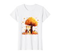 Cute Cat with Iced Coffee Under Fall Tree Autumn Fall Leaves Value Graphic T-Shirt, Women, White, XS