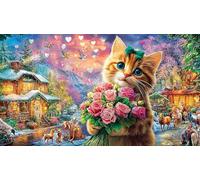 Cute-cat-with-roses-in-magical-village 1000 Piece Jigsaw Puzzle for Adults - Recycled Cardboard - Decoration 38x26cm/1000pcs