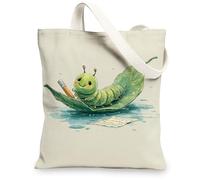Cute Caterpillar Canvas Tote Bags, Adorable Insect Design Reusable Bags, Fanciful Lightweight Washable Shoulder Strap Bags, Beige, 13x15 Inch