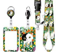 Cute Cats Badge Card Holder Lanyard with Retractable Badge Reel Clip Flowers Keychain for Women Men Girls Teens Kids for ID Badge Keys Cruise Ship School ID Holder Reel Lanyard Breakaway