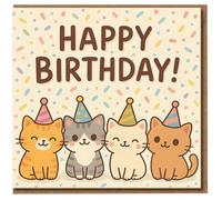 Cute Cats Birthday Card - Four Party Kittens with Hats and Confetti - Fun Greeting Card for Cat Lovers - Happy Birthday Design